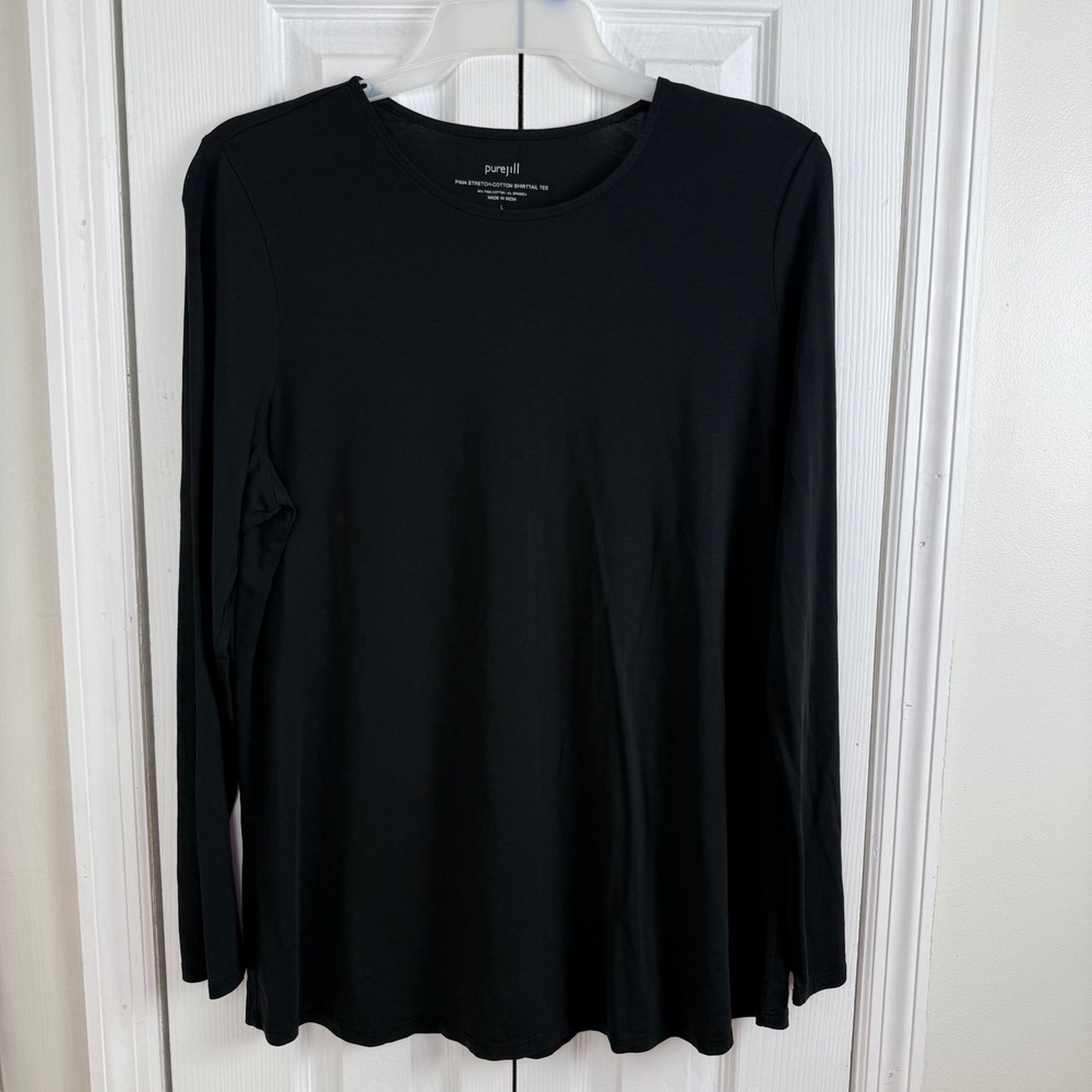 Pure Jill Black Pima Cotton Stretch Shirttail Long‎ Sleeve T Shirt Top Tunic Lg